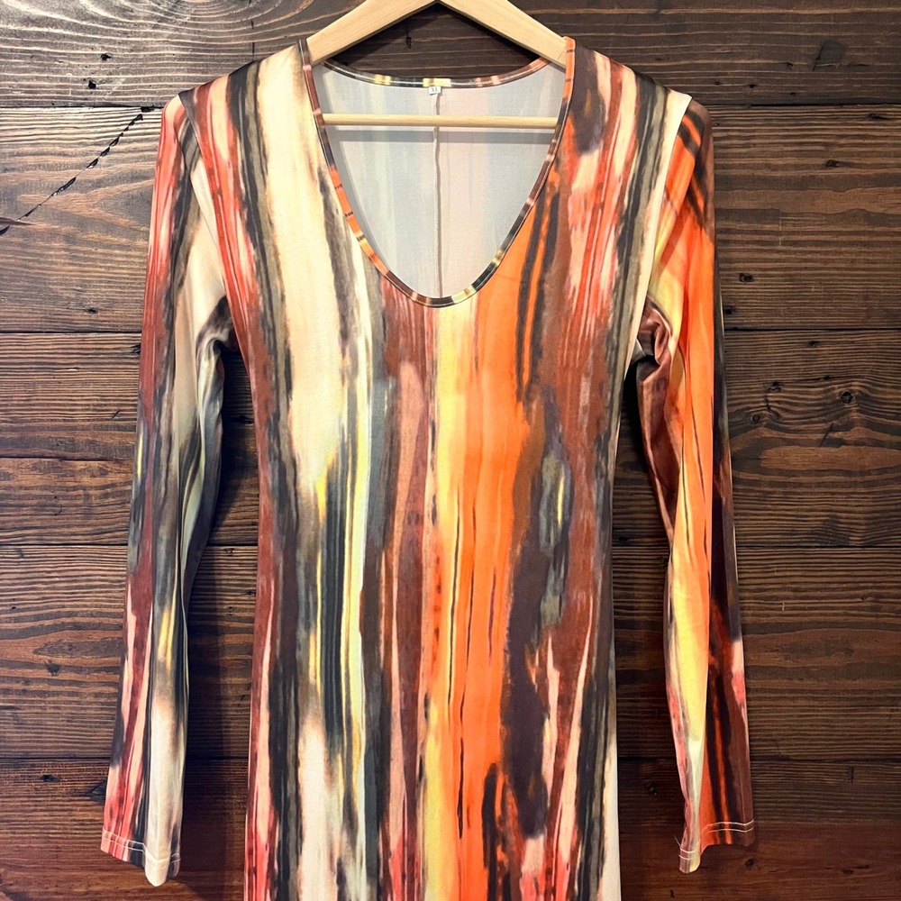 Abstract Stripe Maxi Dress Womens XL Orange Brown Long Sleeve Boho 70s Artsy - Picture 2 of 10
